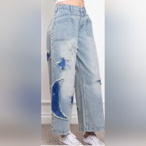 Blue Velvet Wide Leg Moon and Star Patch Jeans 🌙 ⭐✨